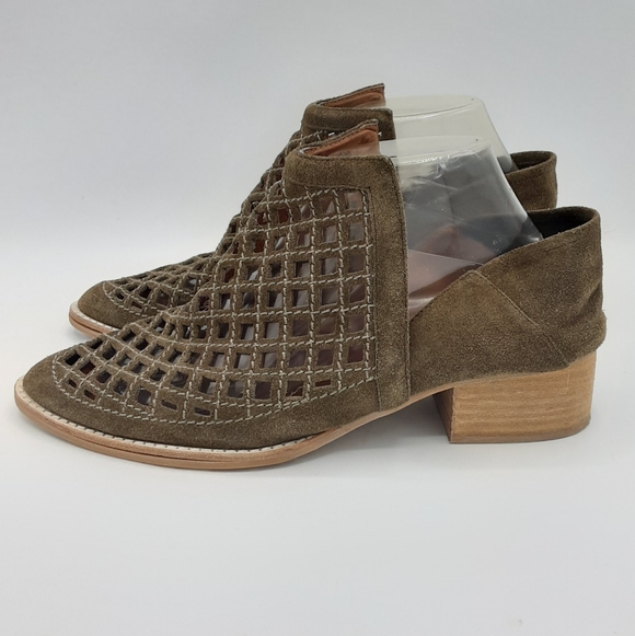 Jeffrey Campbell Taggart Olive Green Suede Cutout Stacked Heel Booties. - Picture 3 of 16